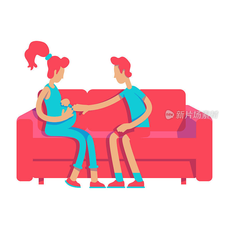 Man touching belly pregnant wife semi flat color vector characters